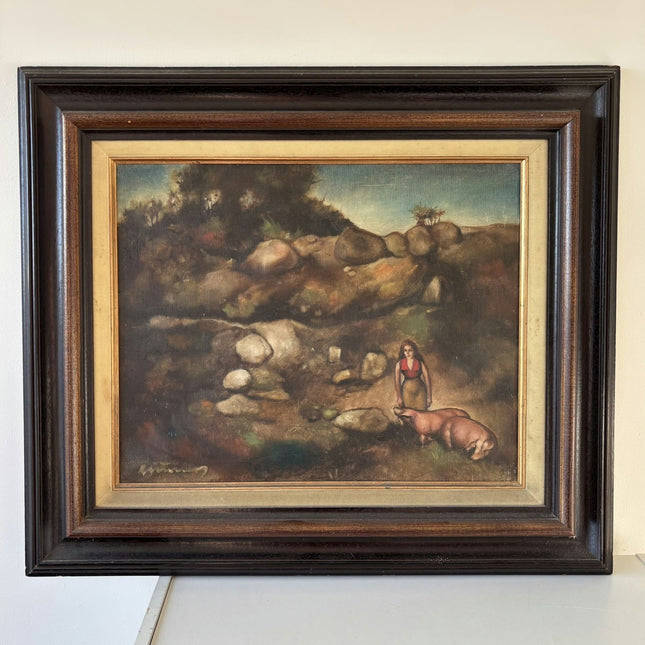 Remarkable Oil Painting Landscape "Girl With Pig" Striking Large Art Holland Art Shop