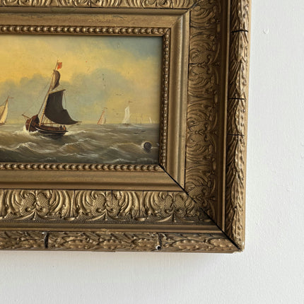 Antique Seascape Oil Painting "Sailing Boat" Timeless Small Artwork Holland Art Shop