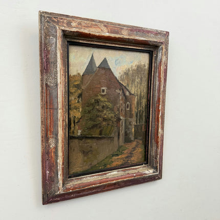 1909 Antique Scenery Oil Painting "Thatched Cottage" Small Art Holland Art Shop