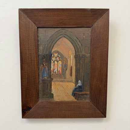 Rustic Church Interior Oil Painting "Seated Nun" Handcrafted Small Art Holland Art Shop
