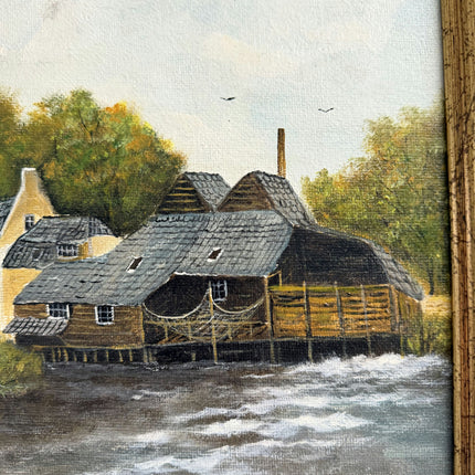 Antique Oil Painting Landscape "Riverside Houses" Remarkable Small Artwork Holland Art Shop