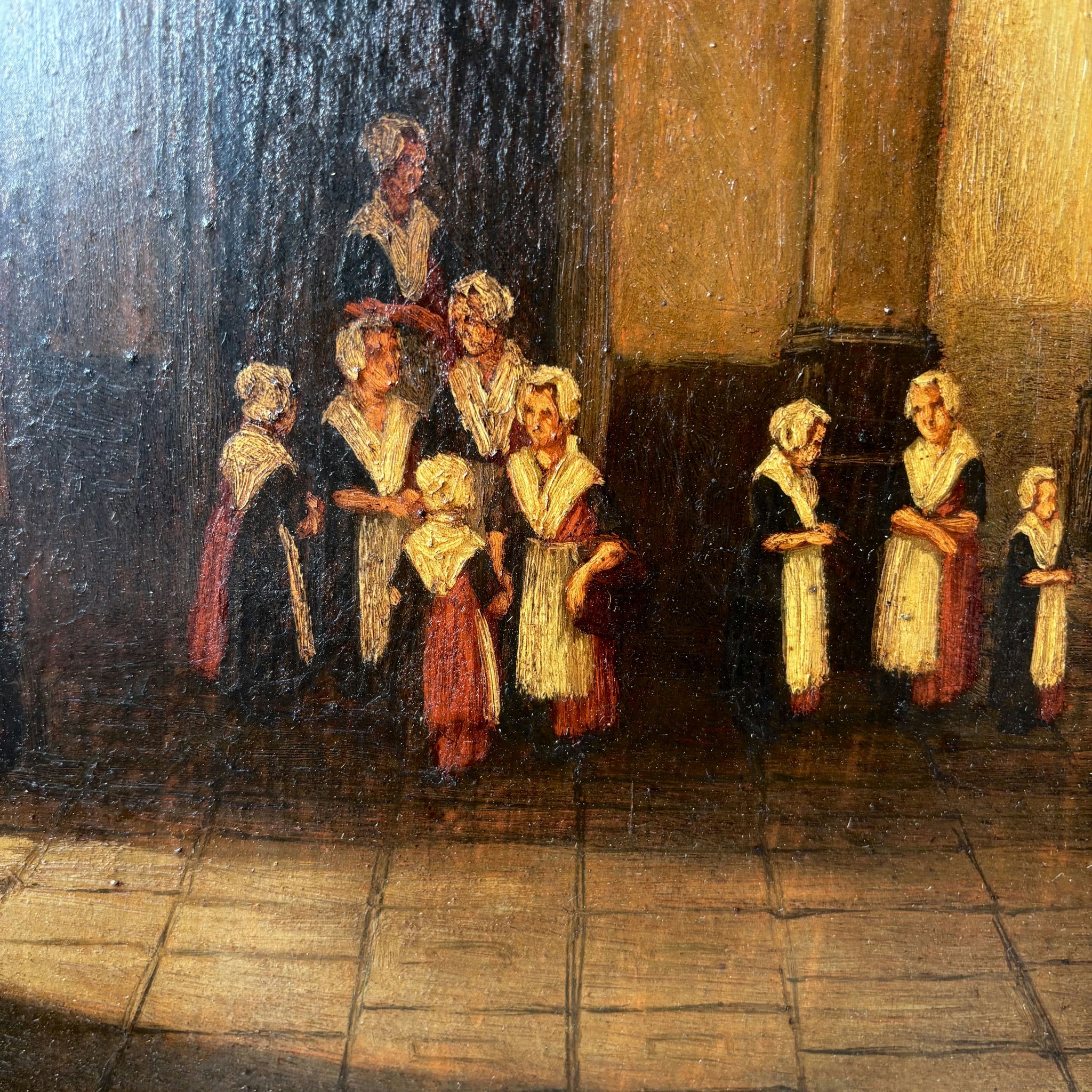 19th Century Gothic Church Interior Columns Figures Light Antique Oil Painting