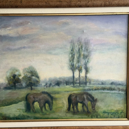 Traditional Animals Oil Painting "Grazing Horses" Rustic Artwork Holland Art Shop
