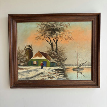 Classic Winter Landscape Oil Painting "Green Boat" Traditional Artwork Holland Art Shop