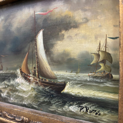 Antique Seascape Oil Painting "Sailing Boat" Original Small Art Holland Art Shop