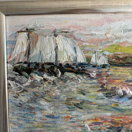 Rustic Seascape Oil Painting "Sailboat Fleet" Original Artwork Holland Art Shop