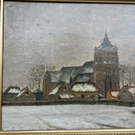 1938 Cityscape Oil Painting "Snow Village" Artwork Holland Art Shop