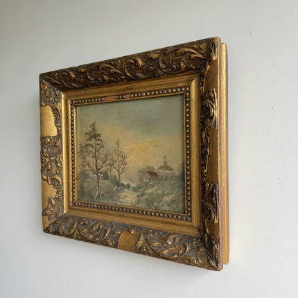 19th Century Antique Winter Landscape Oil Painting "Gilded Frame" Small Art Holland Art Shop