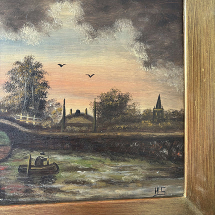 Detailed Harbor Scene Oil Painting "River Boat" Classic Small Artwork Holland Art Shop