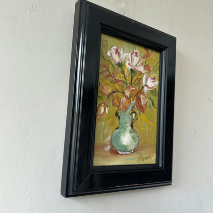 Handcrafted Floral Still Life Oil Painting "Green Vase" Expressive Small Artwork Holland Art Shop