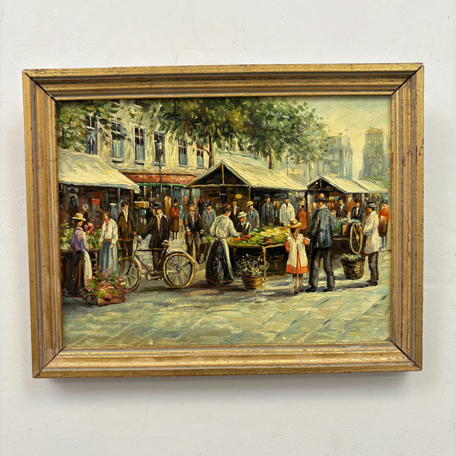 Detailed Cityscape Oil Painting "Street Market" Vintage Small Artwork Holland Art Shop