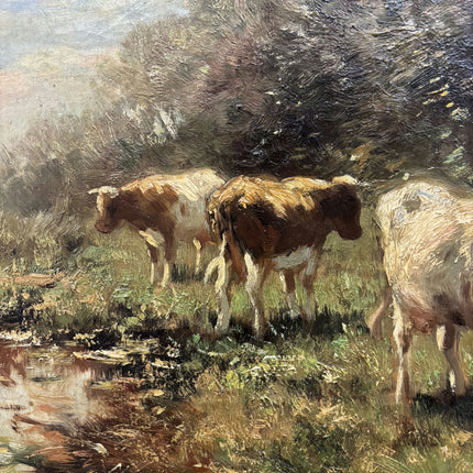 Elegant Animals Oil Painting "Grazing Cows" Vintage Dutch Artwork Holland Art Shop