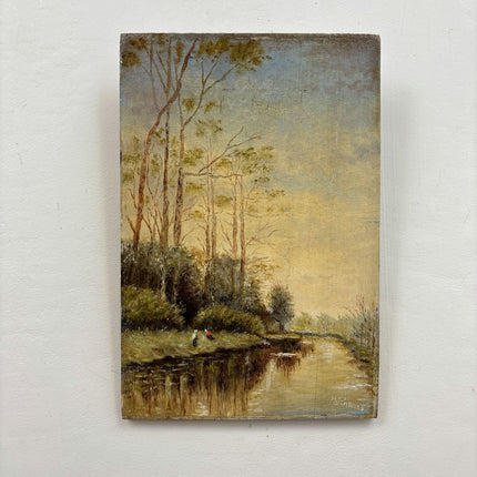 19th Century Antique Landscape Oil Painting "River Bank" Small Art Holland Art Shop