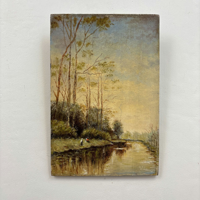 19th Century Antique Landscape Oil Painting "River Bank" Small Art Holland Art Shop