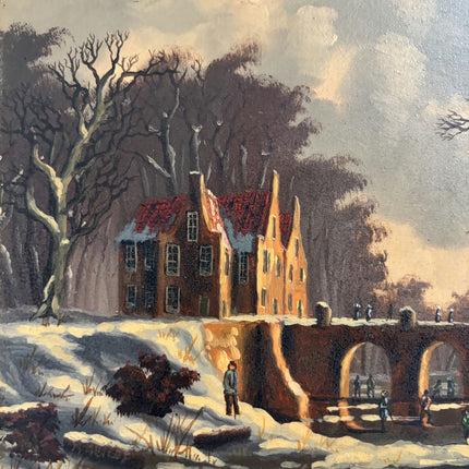 Traditional Oil Painting Scenery "Snowy Bridge" Antique Small Artwork
