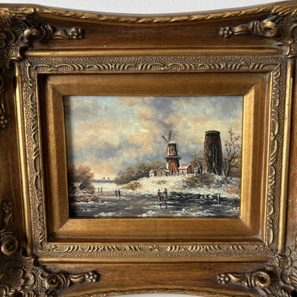 19th Century Oil Painting Winter Landscape "Windmill Scene" Small Artwork Holland Art Shop