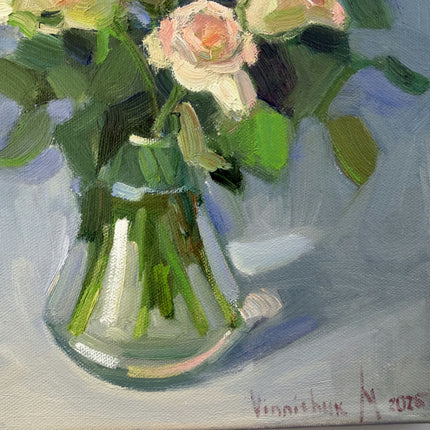 Original Floral Still Life Oil Painting "Glass Vase" Rustic Small Art Holland Art Shop