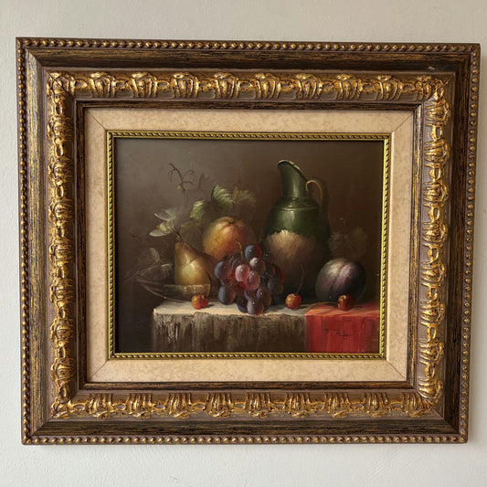 20th Century Vintage Pear Grapes Plum Jug Table Oil Painting Authentic