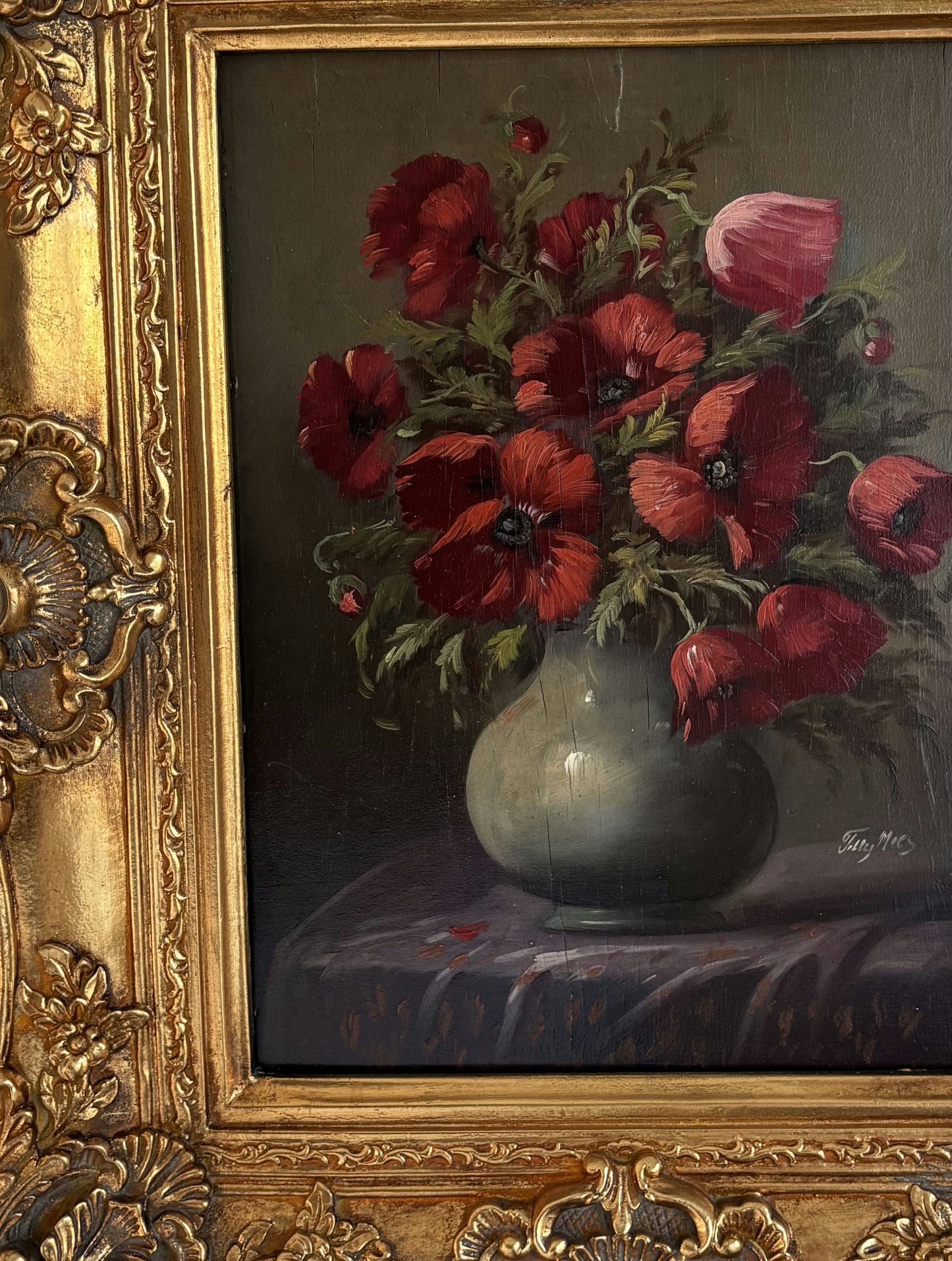 Remarkable Oil Painting Flowery Still Life "Poppy Bouquet" Classic Dutch Artwork