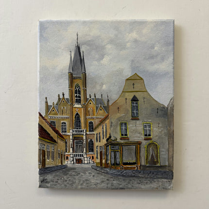Rustic Cityscape Oil Painting "Gothic Church" Detailed Small Artwork Holland Art Shop