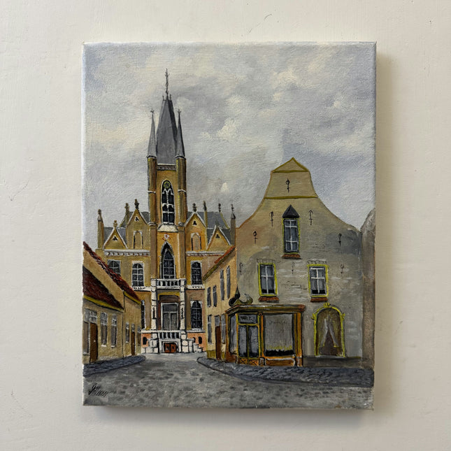 Rustic Cityscape Oil Painting "Gothic Church" Detailed Small Artwork Holland Art Shop