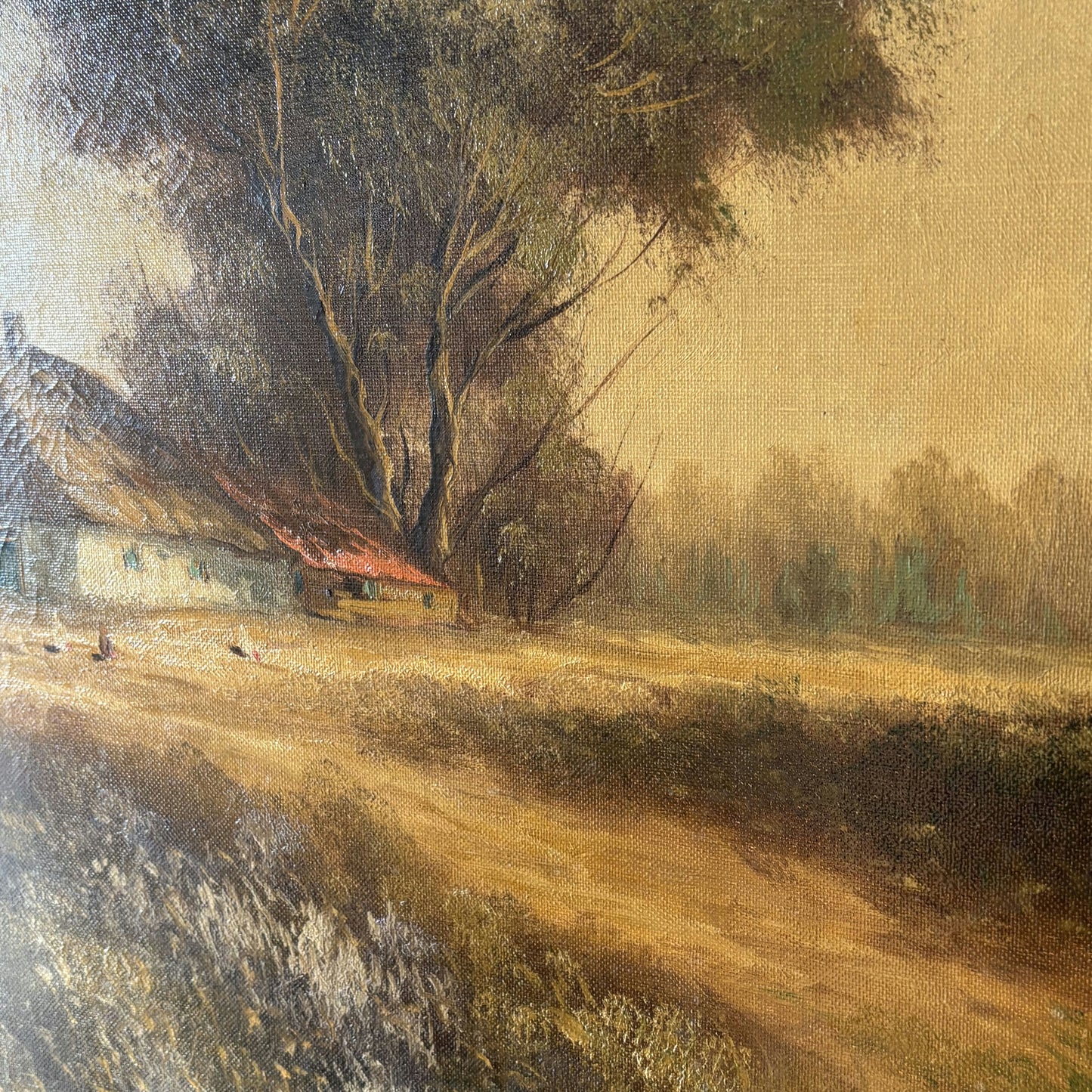 Antique Landscape Oil Painting "Thatched Cottage" Handcrafted Large Art