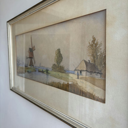 Vintage Landscape Aquarel "Windmill Scene" Original Artwork Holland Art Shop