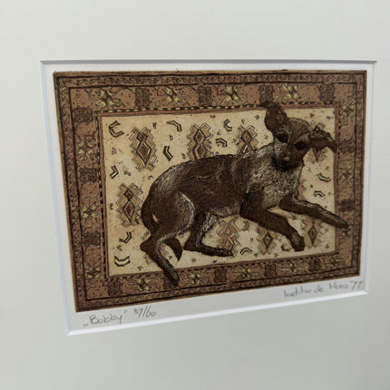 Original Animals etching "Resting Dog" Rustic Small Art Holland Art Shop