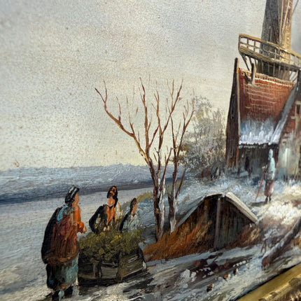 19th Century Antique Winter Landscape Oil Painting "Gilded Frame" Small Artwork Holland Art Shop