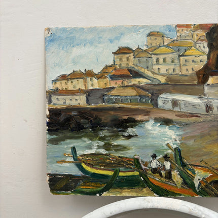 Vintage Cityscape Oil Painting "Fishing Boats" Rustic Small Artwork Holland Art Shop