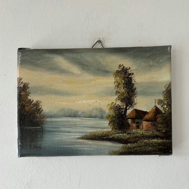 Rustic Landscape Oil Painting "Thatched Cottages" Handcrafted Small Artwork Holland Art Shop