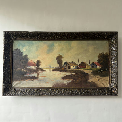 Authentic Landscape Oil Painting "Riverside Cottages" Detailed Large Artwork Holland Art Shop
