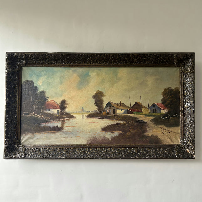 Authentic Landscape Oil Painting "Riverside Cottages" Detailed Large Artwork Holland Art Shop