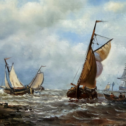 Detailed Seascape Oil Painting "Brown Sailboat" Vintage Small Artwork Holland Art Shop