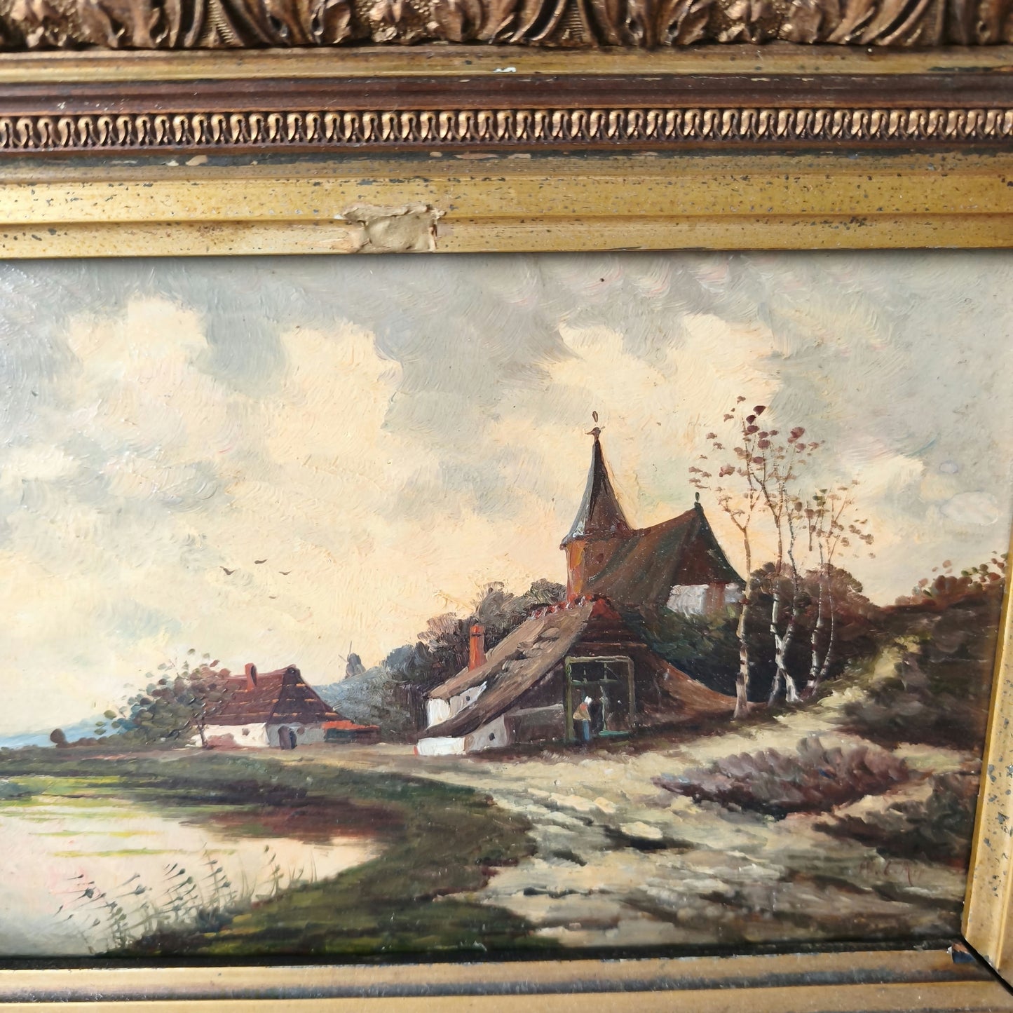 19th Century Lakeside Cottages Church Trees Pathway Clouds Oil Painting Antique