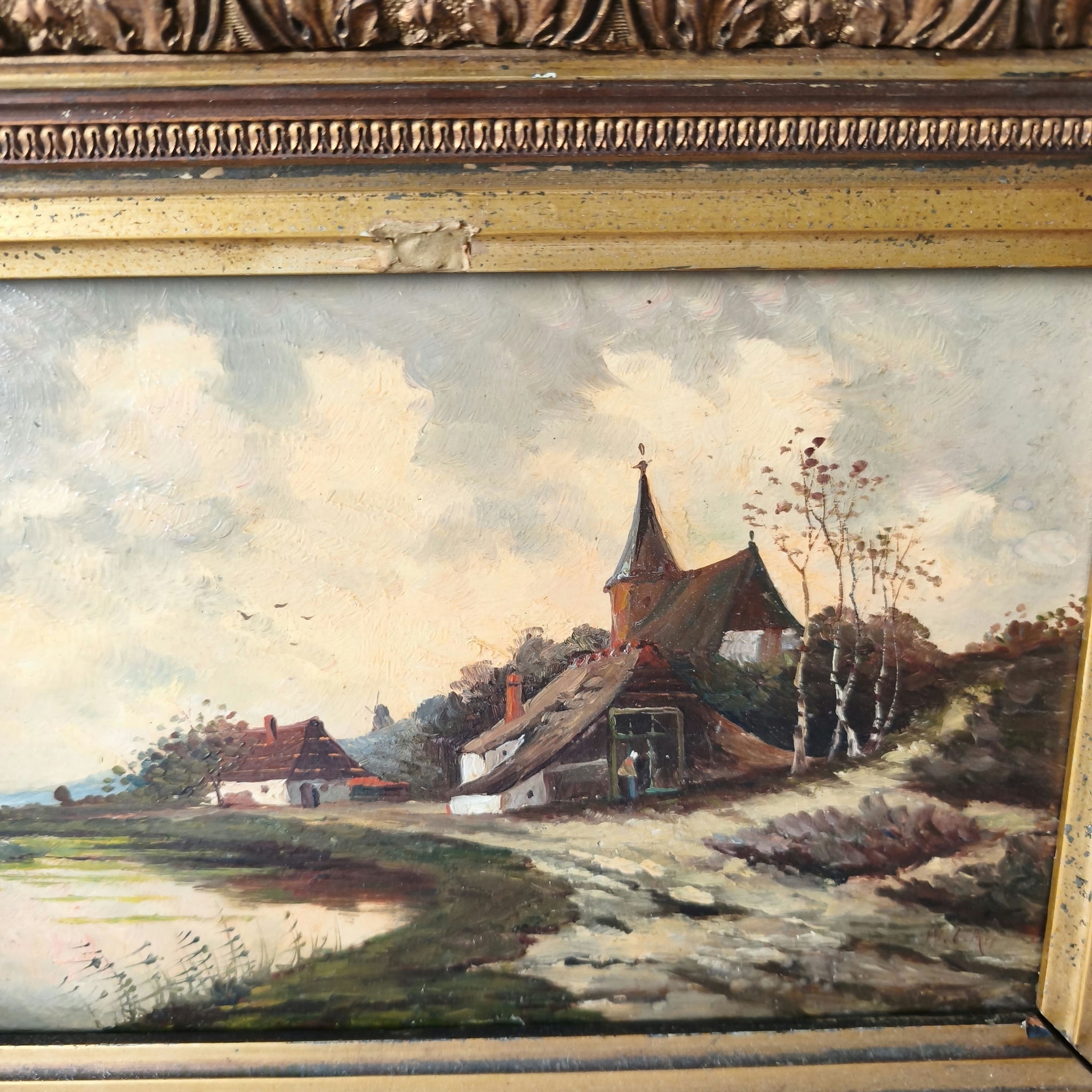 19th Century Lakeside Cottages Church Trees Pathway Clouds Oil Painting Antique