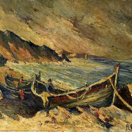 Traditional Harbor Scene Oil Painting "Beached Boats" Rustic Artwork Holland Art Shop