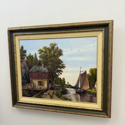 Handcrafted Harbor Scene Oil Painting "Riverside Cottage" Classic Artwork Holland Art Shop