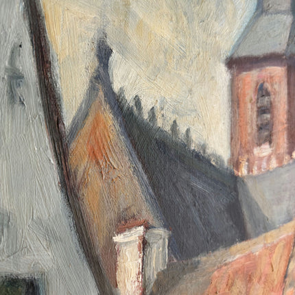 Original Cityscape Oil Painting "Village Church" Vintage Large Art Holland Art Shop