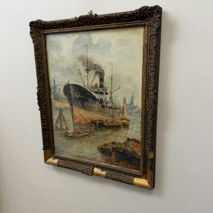 Rustic Harbor Scene Oil Painting "Docked Ship" Elegant Artwork Holland Art Shop
