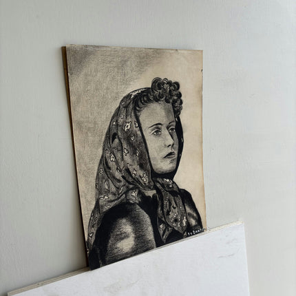 Elegant Portrait Drawing "Woman Head" Detailed Small Art Holland Art Shop