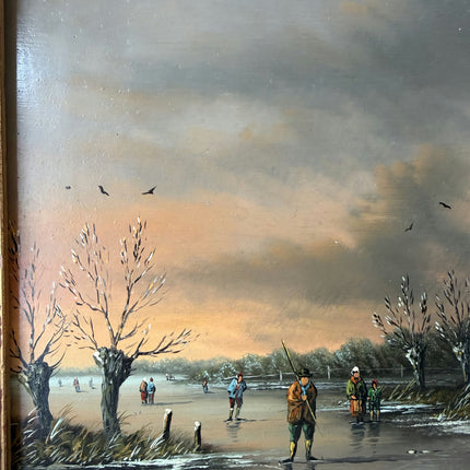 Vintage Oil Painting Winter Landscape "Ice Fishing Scene" Handcrafted Small Art Holland Art Shop