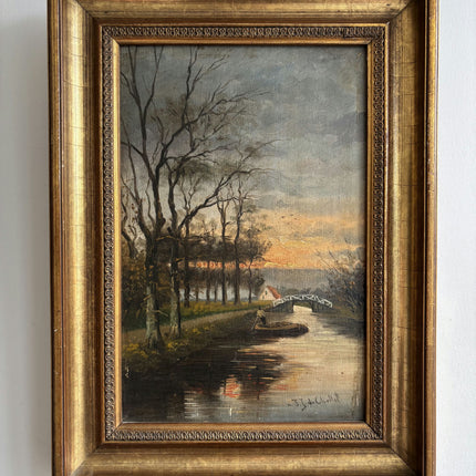 19th Century Antique Landscape Oil Painting "River Boat" Dutch Artwork Holland Art Shop