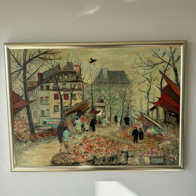 Original Cityscape Oil Painting "Flower Stall" Elegant Large Artwork Holland Art Shop