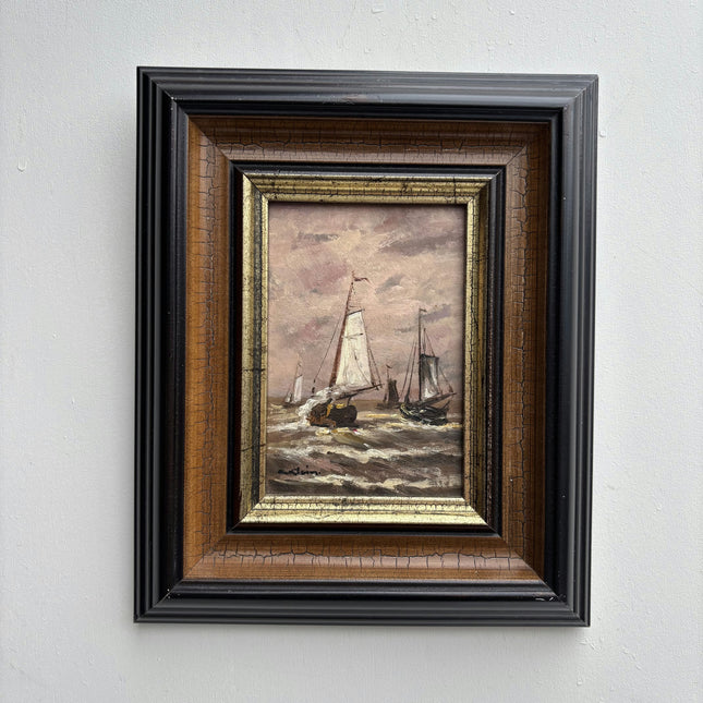 Authentic Seascape Oil Painting "Sailboat Mast" Refined Small Artwork Holland Art Shop