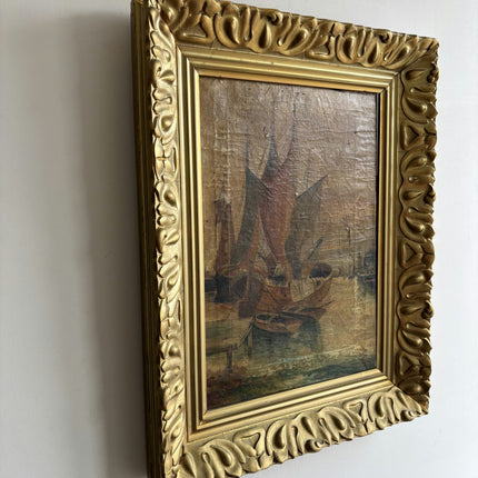 1914 Antique Harbor Scene Oil Painting "Sailing Boat" Art Holland Art Shop