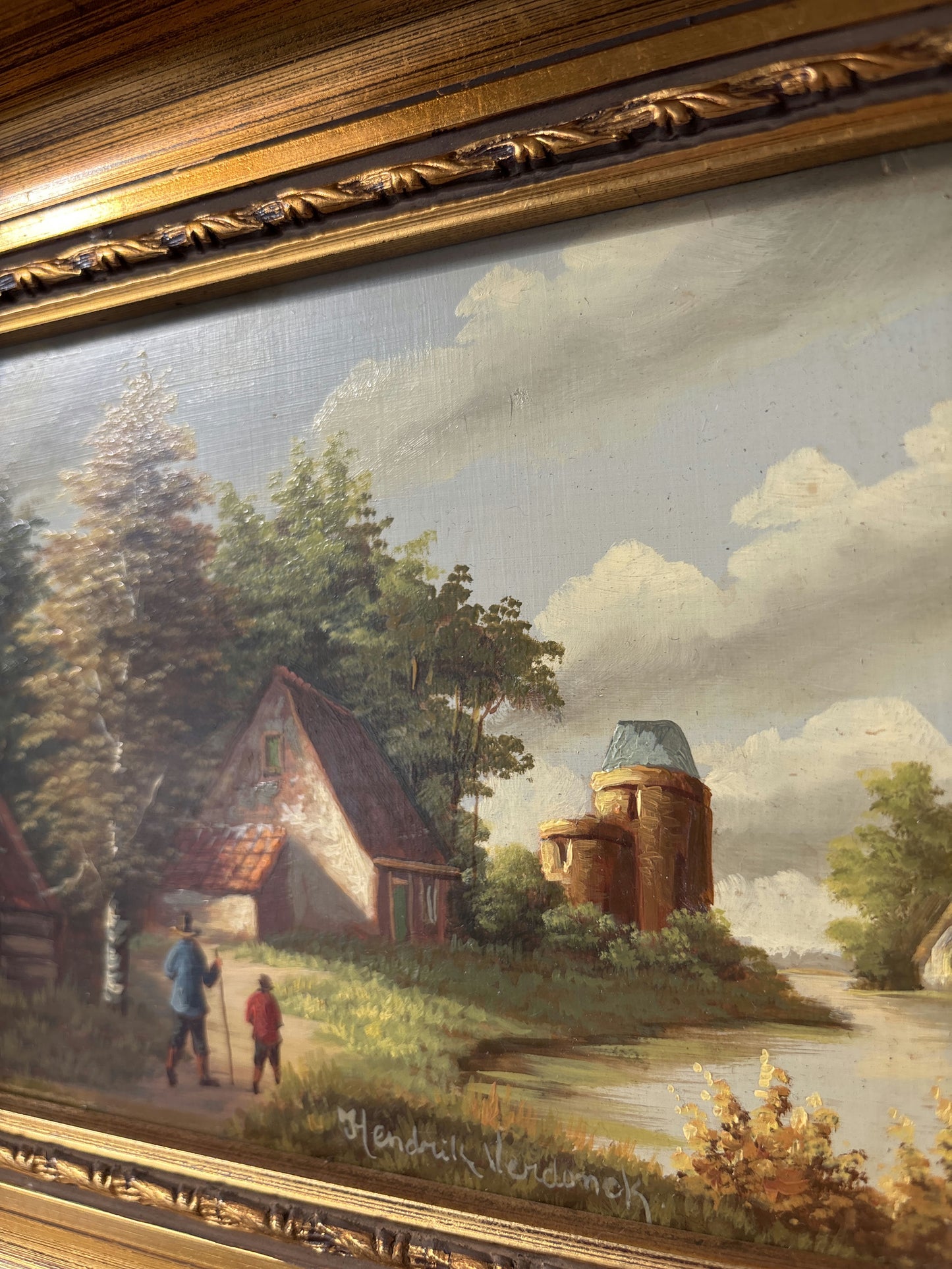 Antique Around 1920 Country Cottage Trees River Path Oil Painting Authentic