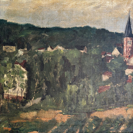 Antique Landscape Oil Painting "Village Church" Authentic Large Artwork Holland Art Shop