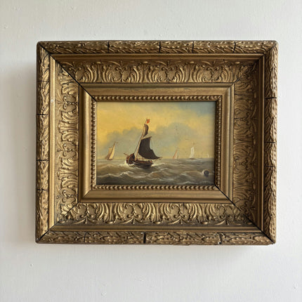 Antique Seascape Oil Painting "Sailing Boat" Timeless Small Artwork Holland Art Shop