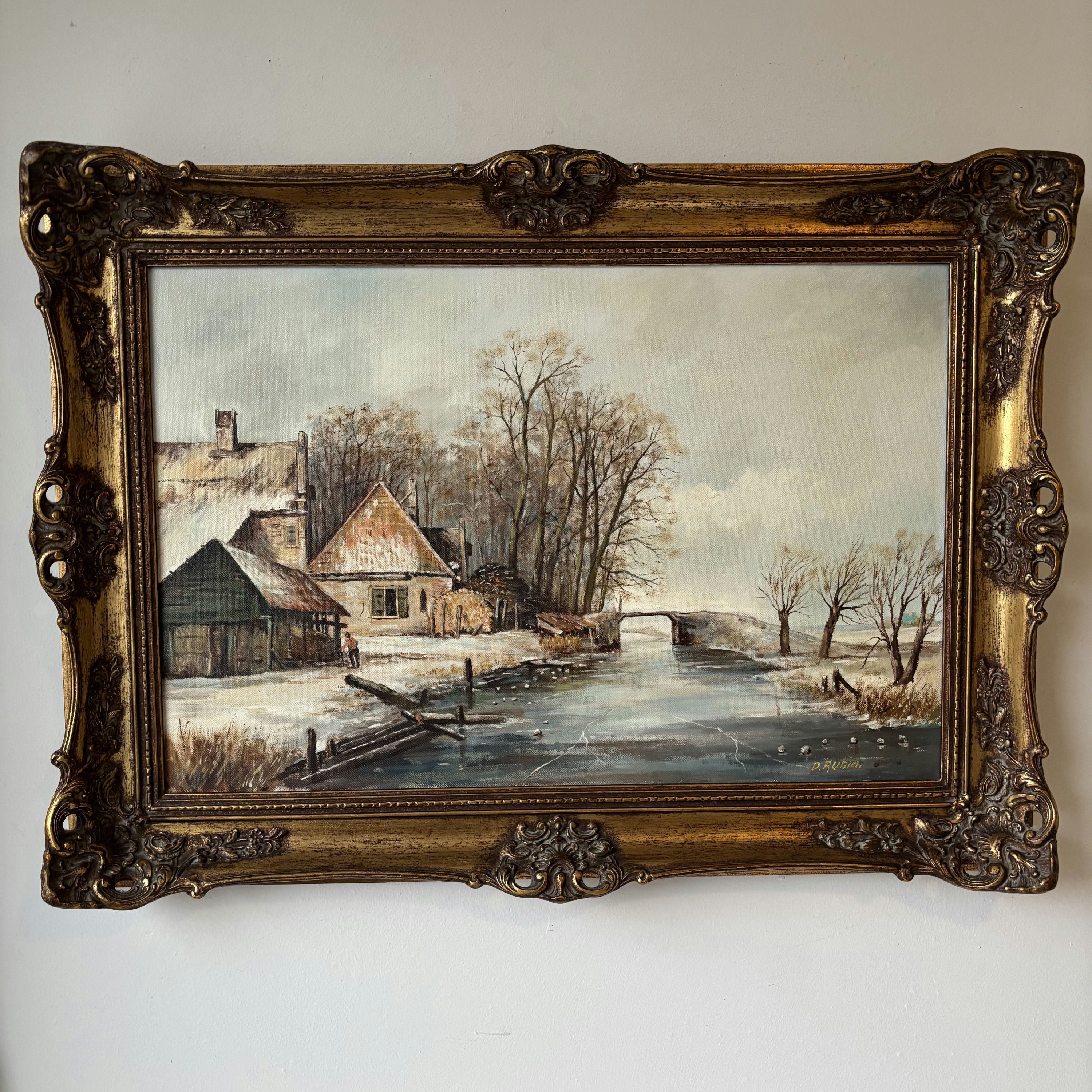 20th Century Riverside Winter Village Trees Bridge Oil Painting Vintage